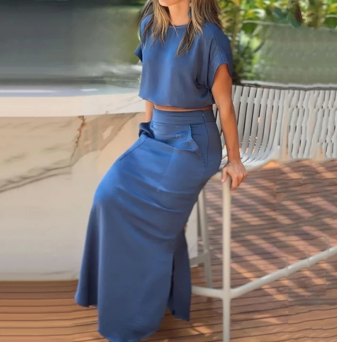 

Summer Casual Two-piece Set Women's Daily Commuting Round Neck Short Sleeve Blouse Top and Pocket High Waisted Maxi Skirt Set