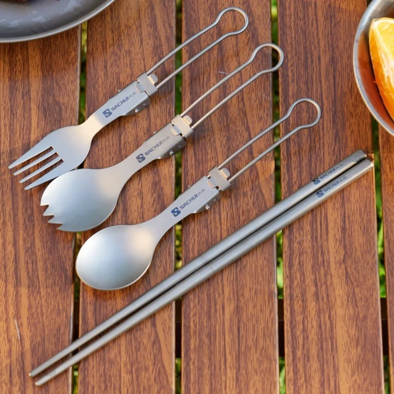 

Outdoor Titanium Folding Spoon Fork Chopsticks Set Camping Portable Titanium Tableware Soup Spoon Fork Chopsticks