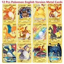 6-12 Pcs/Set  English Version Pokemon Metal Card Pikachu Anime Figure Battle Carte Trading Pocket Monster Cards Model Toy Gifts