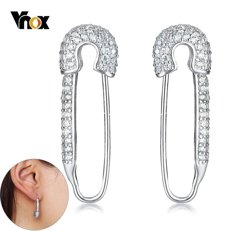 

Vnox Temperament Safety Pin Earrings for Women,Luxury Full CZ Stones Stud Earring Chic Street Wear Brincos