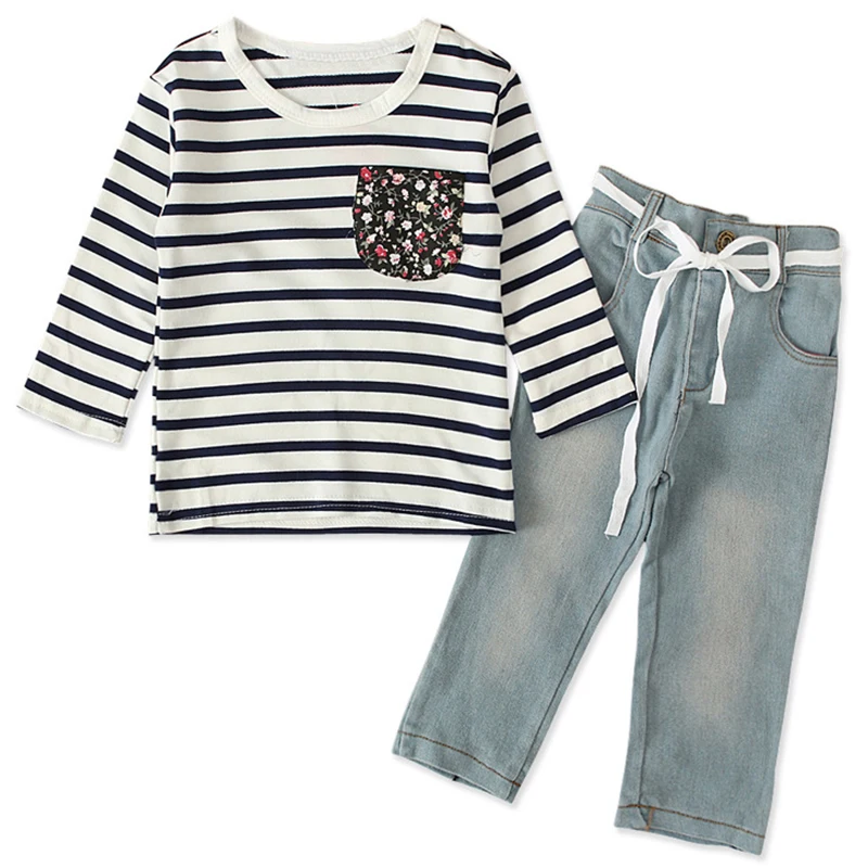 

2Piece Spring Autumn Kids Clothes Girl Outfits Sets Korean Fashion Stripe Long Sleeve Tops+Jeans Baby Boutique Clothing BC1602