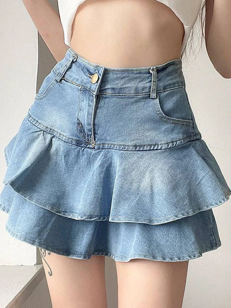 

Summer Vintage Denim Skirt Sexy Mini Jean Ruffle Skirt Women Shorts Korean Fashion High Waist A-line Slim Cute Female