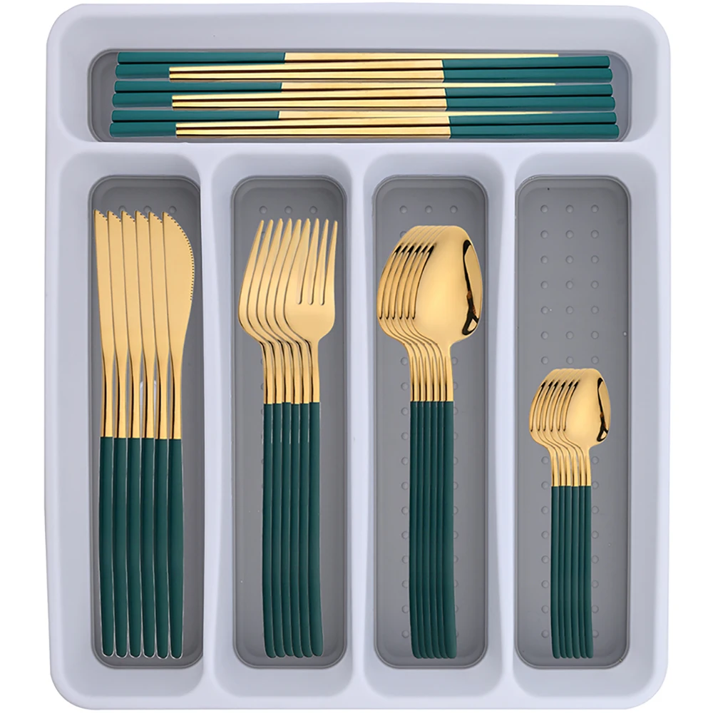 24Pcs Cutlery Sets 18/10 Stainless Steel Knife Forks Tea Spoon Dinnerware Kitchen Tableware Set Box Western Silverware 
24Pcs Cutlery Sets 18/10 Stainless Steel Knife Forks Tea Spoon Dinnerware Kitchen Tableware Set Box Western Silverware