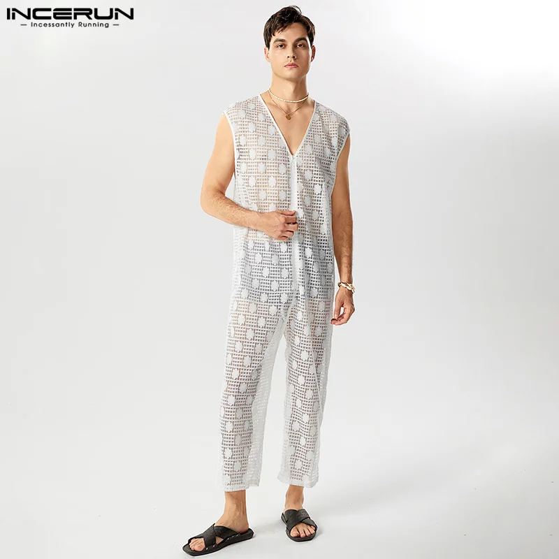 

Handsome Well Fitting Men's Jumpsuits INCERUN Lace Tracery V-neck Sleeveless Bodysuits Casual Slightly Transparent Rompers S-5XL