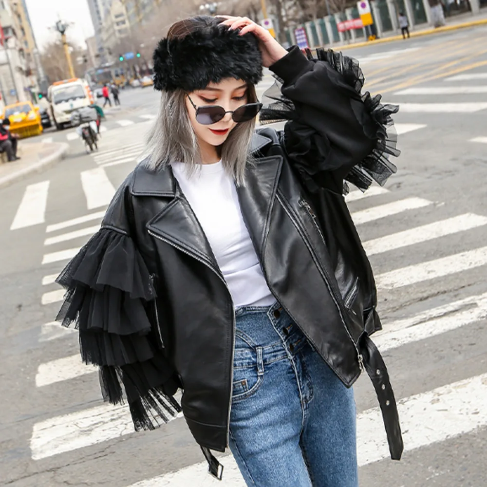 

2024 Autumn Short Black Oversized Lace Patchwork Leather Biker Jacket Long Sleeve Loose Womans Clothing Fashionable Outerwear