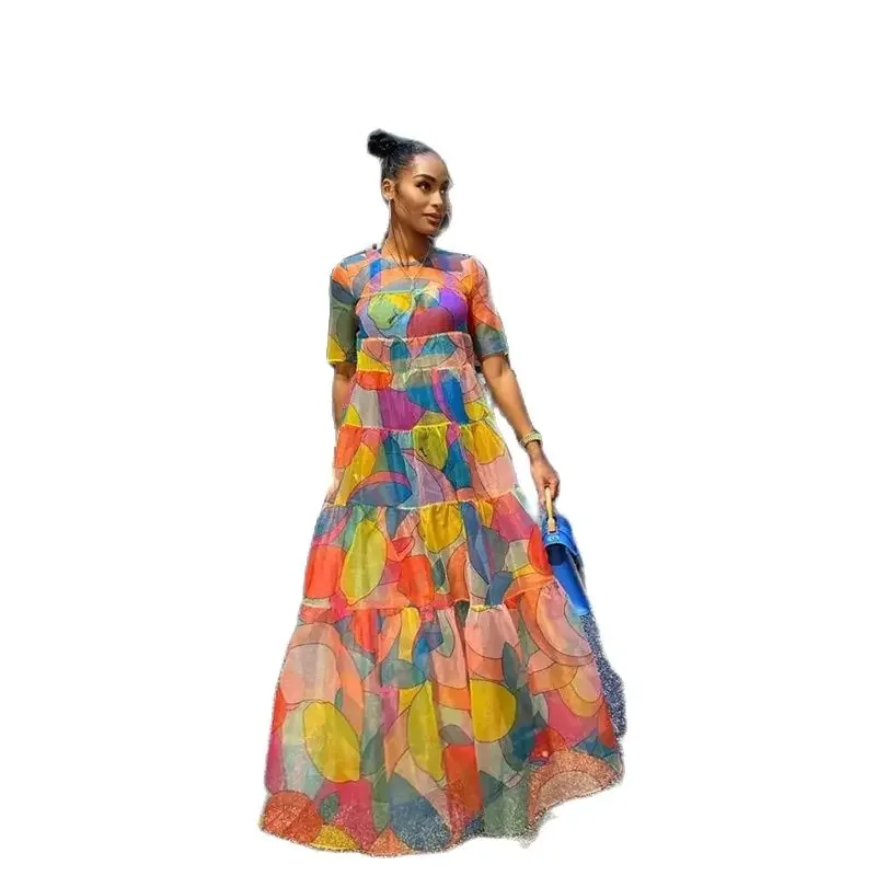 

Elegant Botanical Print Mesh Dress Women Multi-layer Cake Dresses Large Hem Floor-length Gown Female New Trend Casual Streetwear