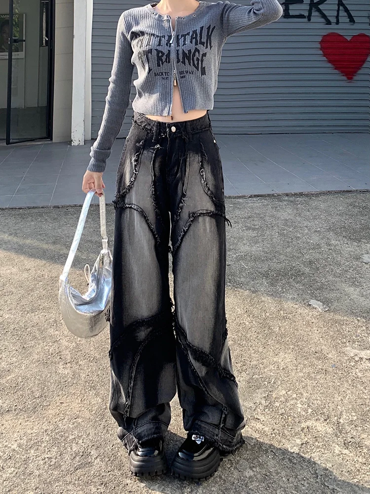 

Slergiri Tassel Frayed Hem Washed Distressed Jeans Woman Y2K Vintage Streetwear High Waisted Straight Wide Leg Baggy Pants 2024