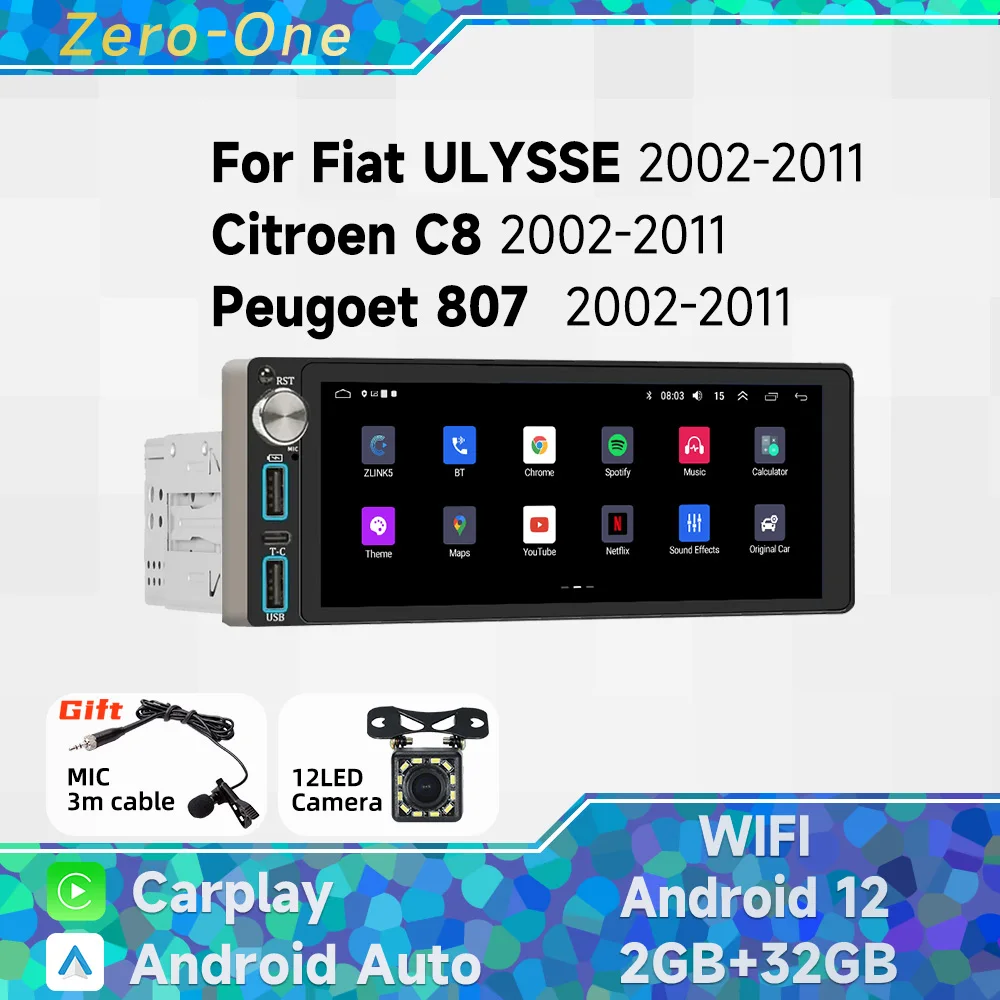 

Carplay 1 Din Radio Android Car Multimedia for Fiat ULYSSE Citroen C8 Peugeot 807 2002-2011 6.86" Screen Stereo Head Unit GPS BT