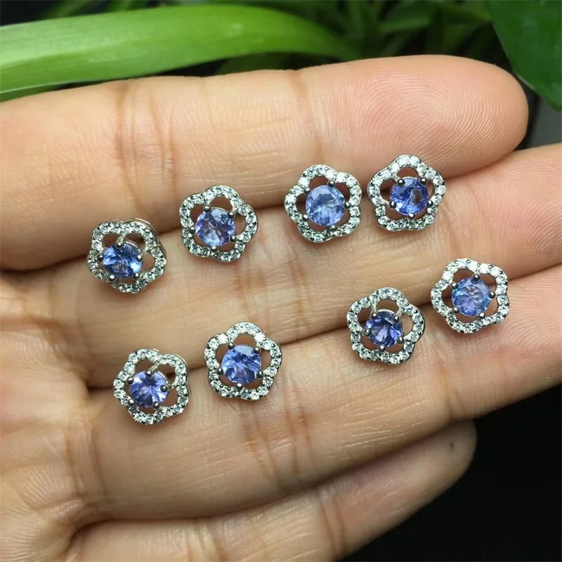 

S925 Natural Tanzanite Small Flower Stud Earrings For Women Healing Stone Polychrome Gemstone Birthday Present Lover Gift 1pair