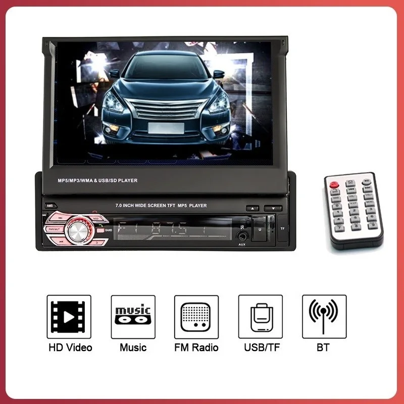 

Universal 7 inch Retractable Screen MP5 Car Multimedia Player 1din Car Radio Support FM/USB/TF/BT/AUX/RCA/SWC/Reverse image
