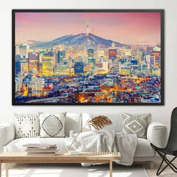 한국 도시 풍경 캔버스 페인팅 벽 아트 시티 야경 포스터 및 프린트, 거실용 모던 홈 데코