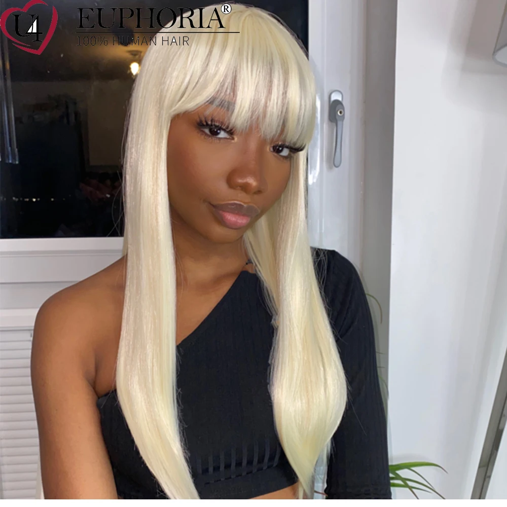 

Blonde 613 Straight Hair Wigs Brazilian Remy Human Hair Full Machine Non Lace Wigs With Bangs Ombre Platinum 613 8-28In EUPHORIA