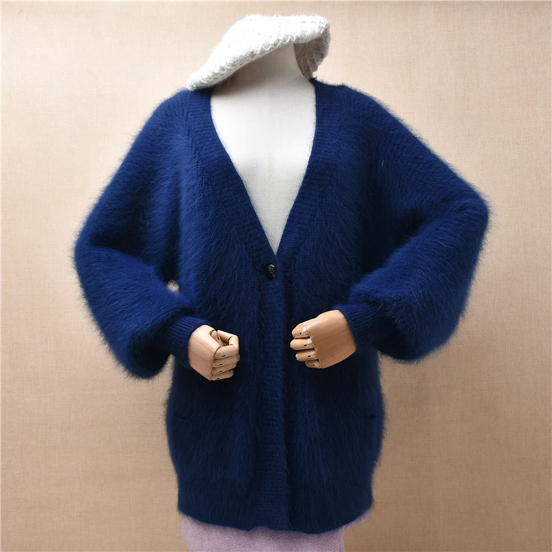 

Female Women Fall Winter Thick Warm Hairy Blue Mink Cashmere Knitted Deep V-Neck Long Batwing Sleeves Loose Cardigans Sweater