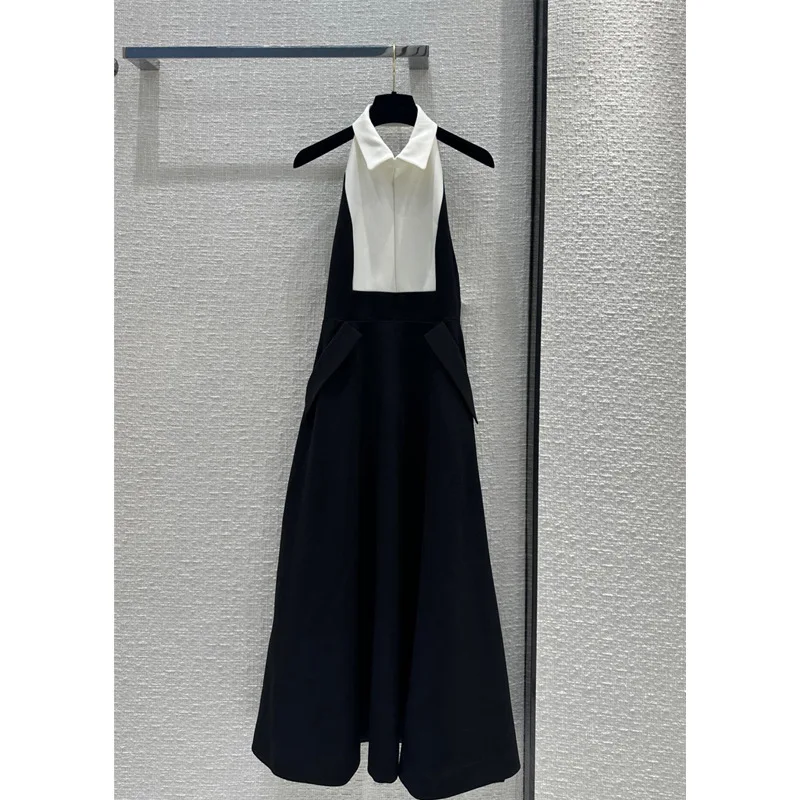 

2024 High Quality Black and White Color Blocking Backless Dress French Party Haute Couture Large Swing Long Skirt