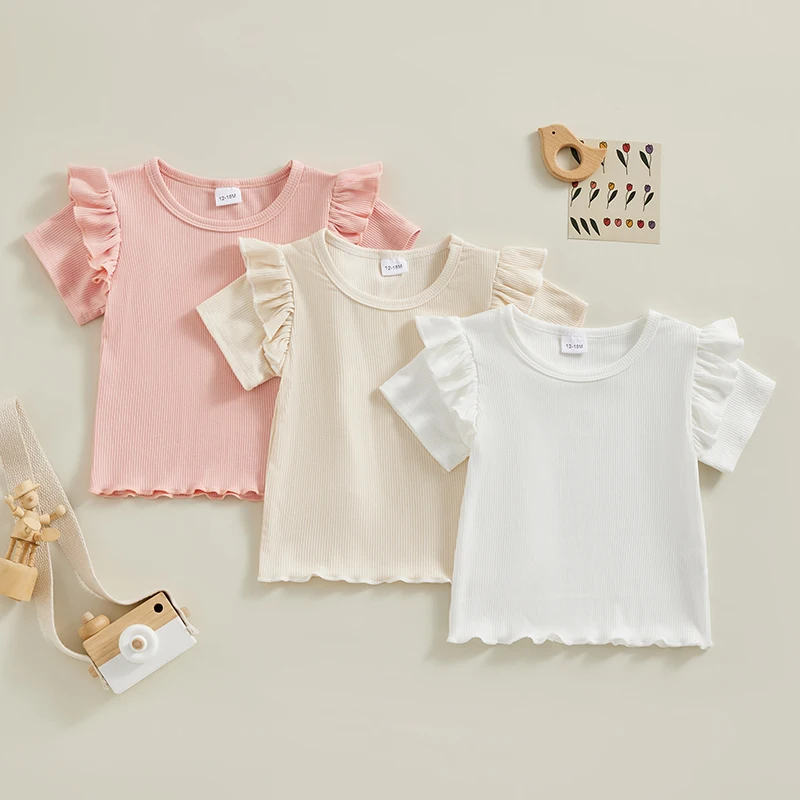 

2023-12-12 Lioraitiin Baby Girls Short Sleeve T-Shirt Tee Ruffled Fly Sleeve Solid Basic Tops Infant Girls Outfit Casual Clothes