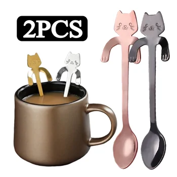 스테인레스 스틸 사랑스러운 귀여운 고양이 모양 커피 스푼, 디저트 스낵 아이스크림 미니 스푼, 식기 주방 도구, 1 개, 2 개