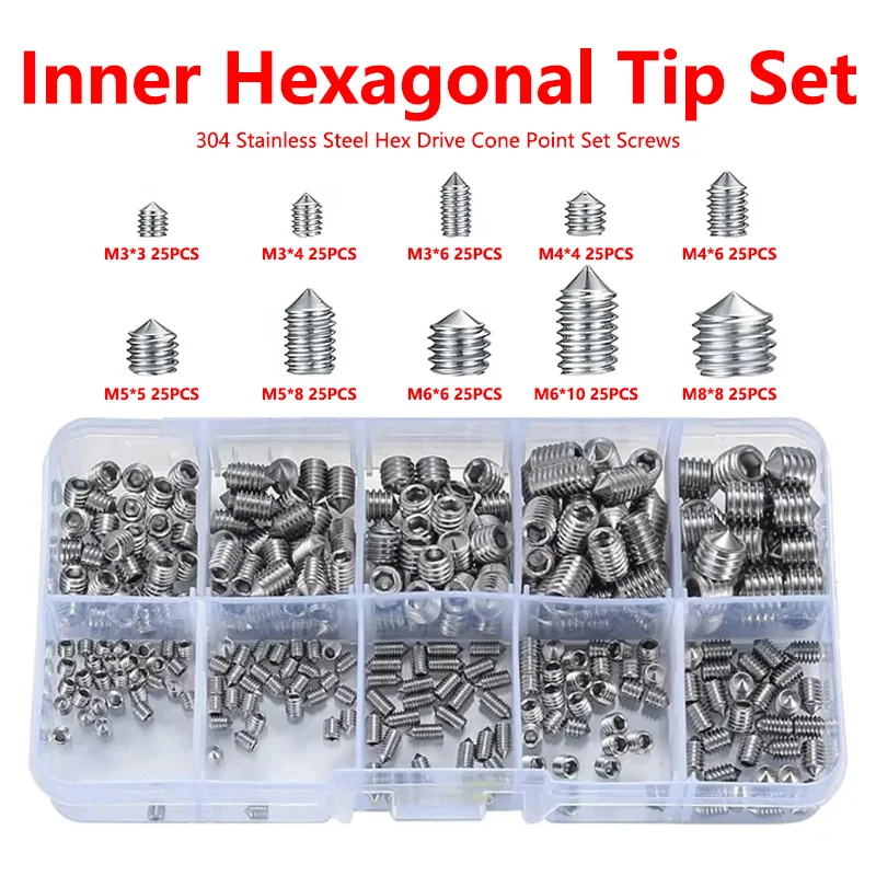 250pcs/Box Stainless Steel Socket Head Hex Set Screws M3 M4 M5 M6 M8 Cup Assortment Kit Grub Screw Cup Point Grub Screw Kit Set
250pcs/Box Stainless Steel Socket Head Hex Set Screws M3 M4 M5 M6 M8 Cup Assortment Kit Grub Screw Cup Point Grub Screw Kit Set