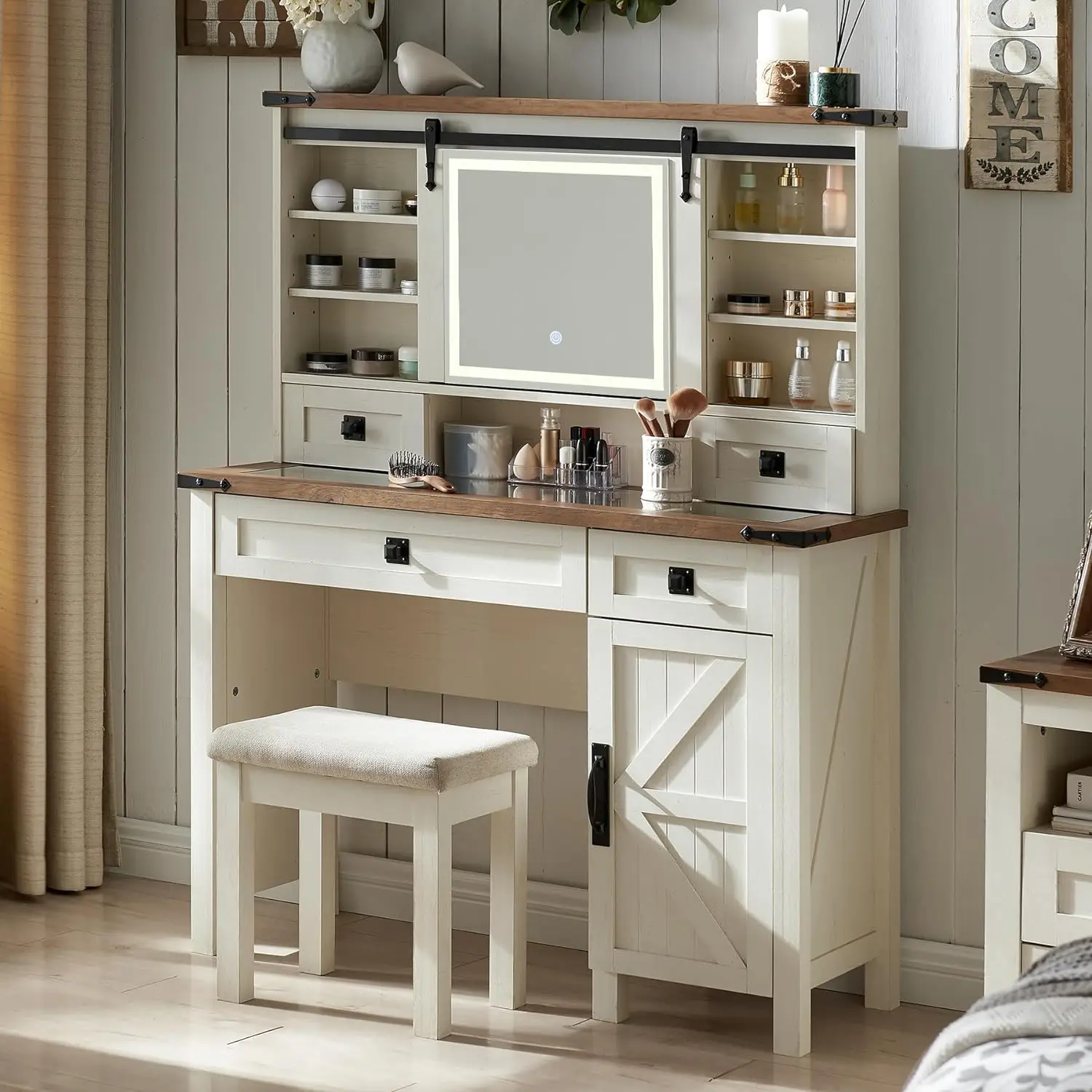 T4TREAM Farmhouse Makeup Vanity Desk with Sliding Mirror and Lights, 42'' Glass Tabletop Vanity Table with 2 Drawers & Shelves
T4TREAM Farmhouse Makeup Vanity Desk with Sliding Mirror and Lights, 42'' Glass Tabletop Vanity Table with 2 Drawers & Shelves