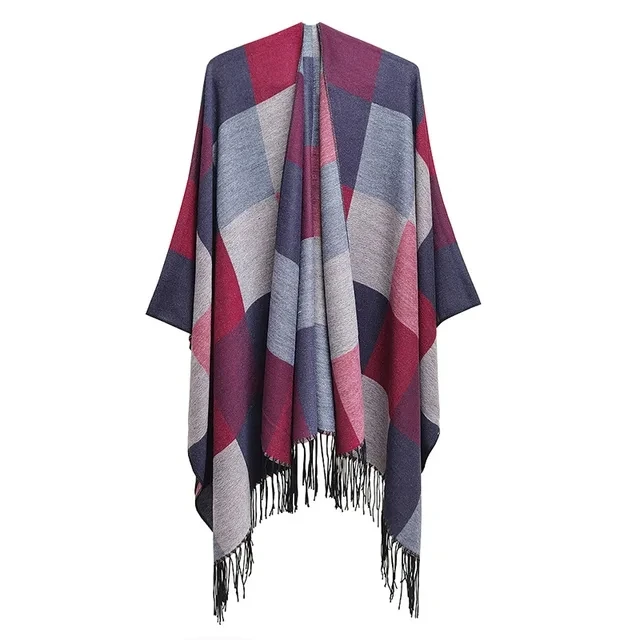 

Imitation Cashmere Women Spring Autumn Double sided Plaid Split Shawl Warm tassels Street Poncho Lady Capes Red Cloaks