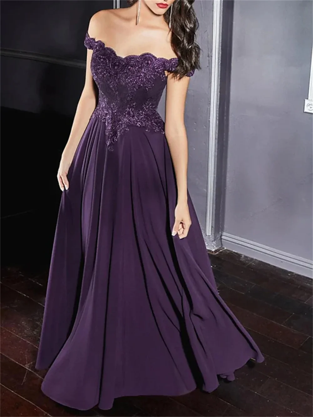 A-Line Evening Gown Formal Dress Purple Floor Length Sleeveless Off Shoulder Chiffon with Pleats Appliques 2022 
A-Line Evening Gown Formal Dress Purple Floor Length Sleeveless Off Shoulder Chiffon with Pleats Appliques 2022