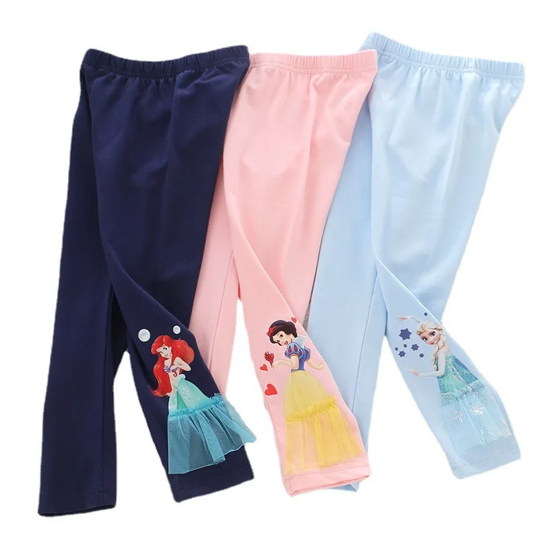 

2023 Girls Pants Cotton for Children Frozen Elsa Spring Autumn Baby Girl Pink Blue Trouser Ariel Lace Kids Legging Sofia 2-8Y