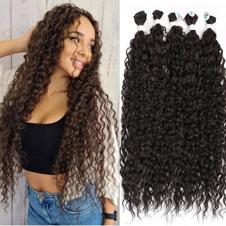 

32Inch Afro Kinky Curly Synthetic Hair Bundles Soft Water Wave Organic Fake Hair Extensions Super Long Curls 9Pcs For Full Head