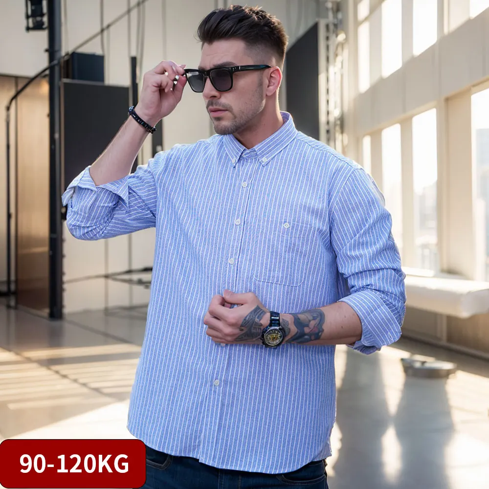 

Men's Striped Long Sleeve Oxford Shirts Blue Breathable Business Casual Fashion Social Essentials Popular Oversized Male Tops