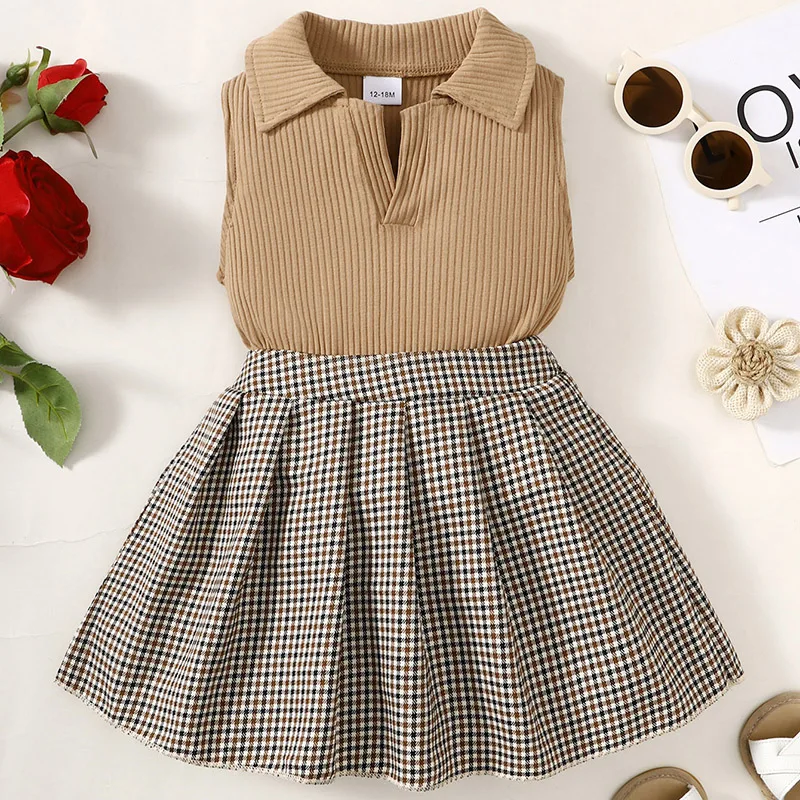 

Kids Girls 2Pcs Suit Sleeveless Lapel Knitting Vest Tops Houndstooth Short A-Lined Skirt