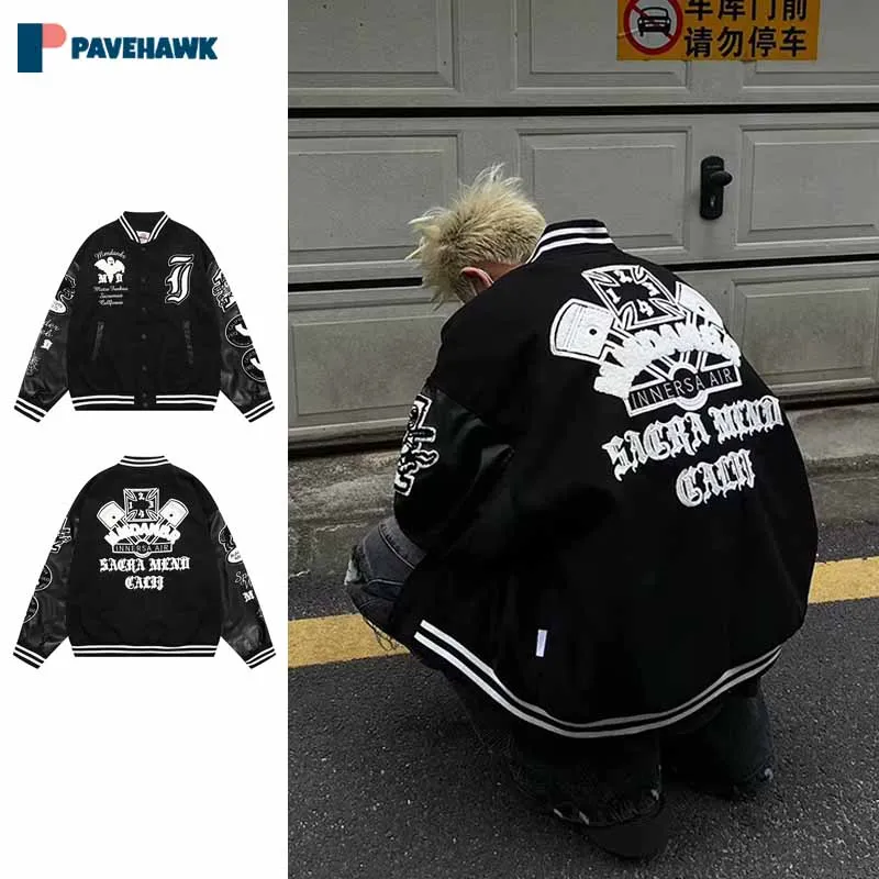 

Black Flocking Embroidered Baseball Jacket Men Women Hip Hop Leather Sleeve Bomber Jackets Harajuku Loose Casual Outwear Spring