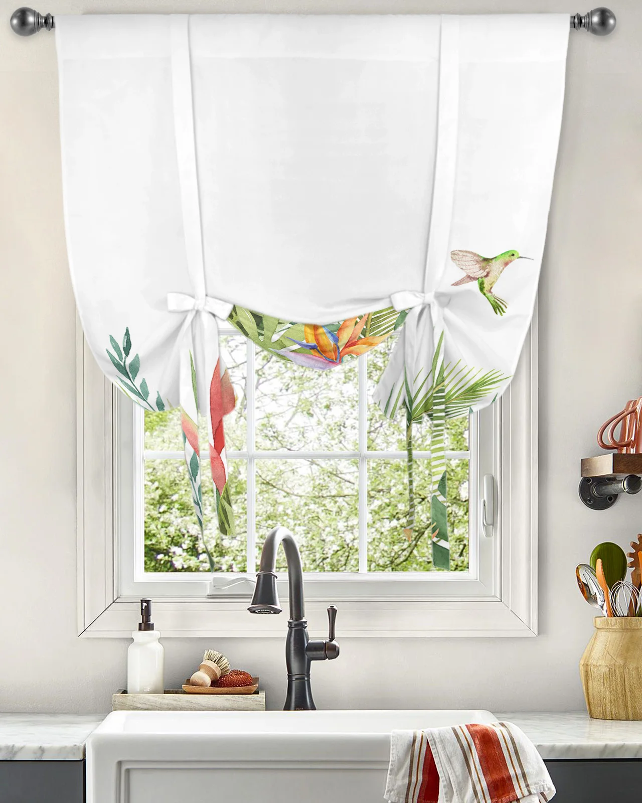 

Ins Style Tropical Plants Palm Leaves Window Curtain for Living Room Roman Curtain Kitchen Tie-up Curtains Adjustable Drapes