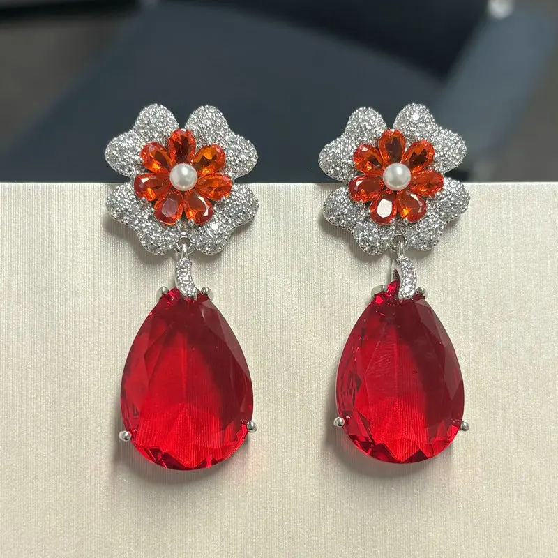 

Bilincolor New Fashionable and Atmospheric Droplet Shaped Colorful Zircon Flower Light Luxury Style Earrings For Women