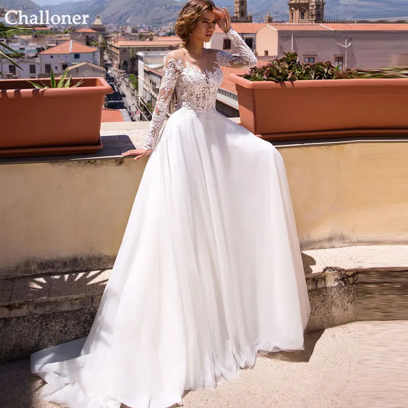 

Challoner Long Sleeves Tulle Wedding Dress A-Line Lace Appliques Illusion Button Bridal Gown Floor Length Vestidos De Noiva New