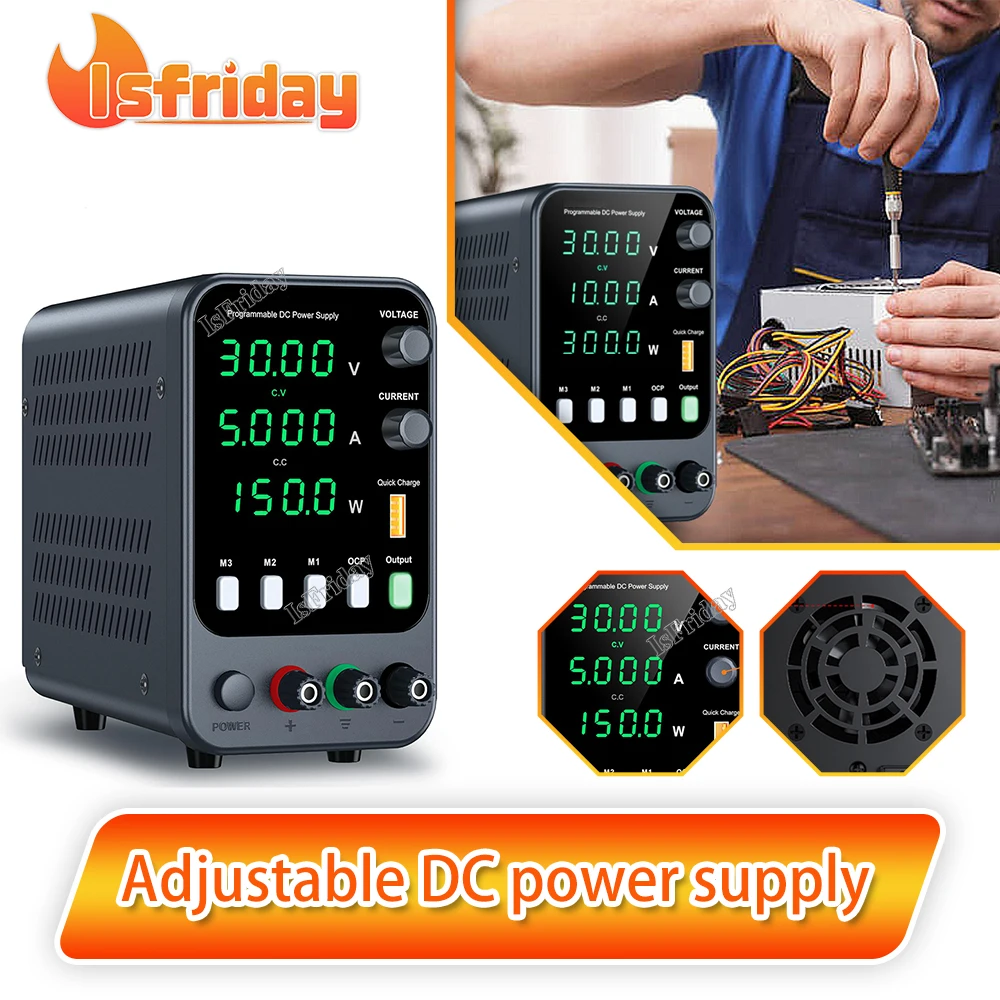 Adjustable DC power supply with 4-digit LED display; 5V/3.6A USB fast charging with 3-group memory with encoder adjustment
Adjustable DC power supply with 4-digit LED display; 5V/3.6A USB fast charging with 3-group memory with encoder adjustment