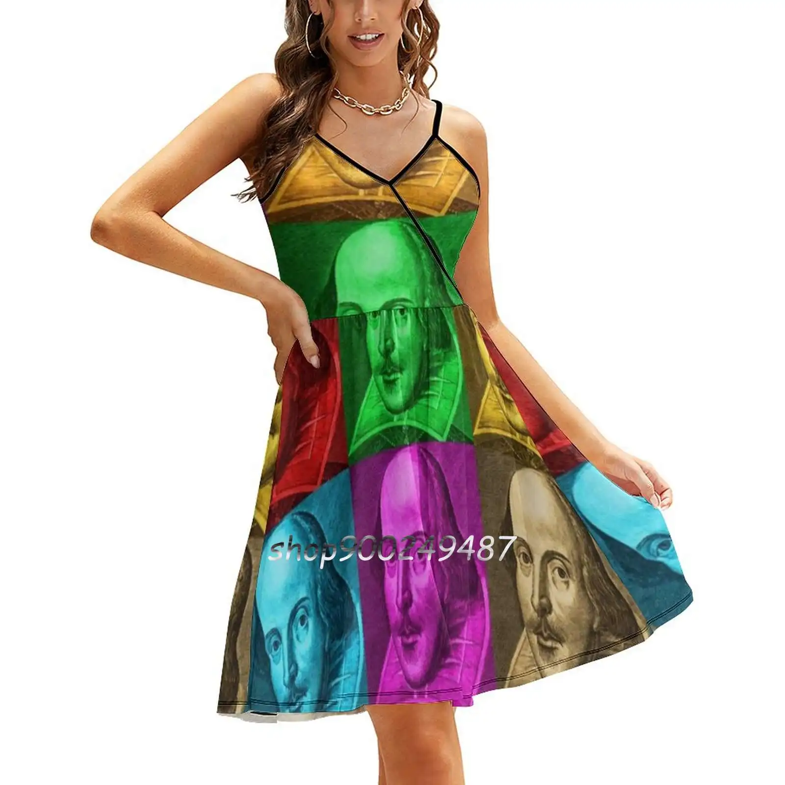 

Платье на бретельках с рисунком Вильяма Шекспира, модное пикантное ТРАПЕЦИЕВИДНОЕ ПЛАТЬЕ в стиле поп-арт, Вильям Шекспира, на лето