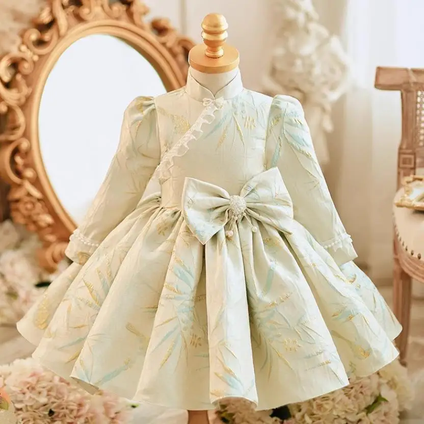 

Новинка 2024, детское вечернее платье с бантом и жемчугом, дизайнерское детское свадебное платье для крещения на день рождения, рождественское платье принцессы для девочек, A3416