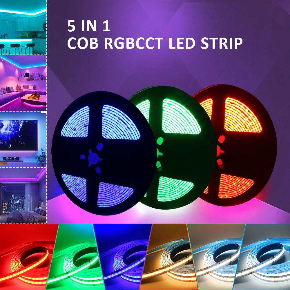 5M 24VDC RGBCCT RGBCW COB LED Light Strip Tuya Smart 5 in 1 Dimmable High Density Flexible 840 LEDs Ra90 Linear Ribbon For Room
5M 24VDC RGBCCT RGBCW COB LED Light Strip Tuya Smart 5 in 1 Dimmable High Density Flexible 840 LEDs Ra90 Linear Ribbon For Room