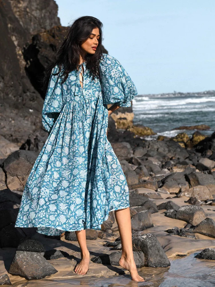 Kozoca Floral dresses Neckline Tie Up 3/4 Lantern Sleeves Large Skirt Loose Casual Beach Style Oversize Summer Dress for Women
Kozoca Floral dresses Neckline Tie Up 3/4 Lantern Sleeves Large Skirt Loose Casual Beach Style Oversize Summer Dress for Women