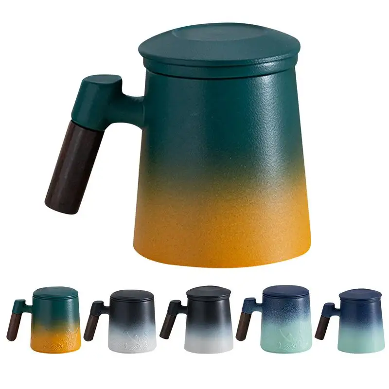 

Керамическая кружка для разделения чая и воды, Офисная чашка с деревянной ручкой, чайная чашка с инфузером и крышкой, рельефная керамическая кружка для воды с градиентом