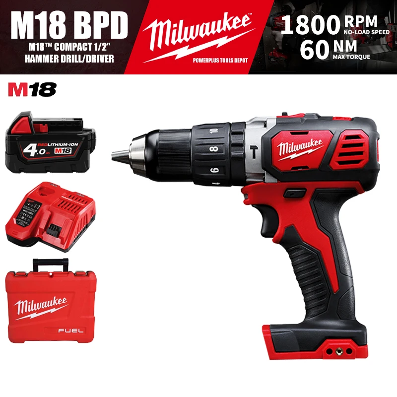 

Milwaukee M18 BPD/2607 Kit M18™ Compact 1/2" Cordless Hammer Drill/Driver 18V Power Tools 60NM With Battery Charger