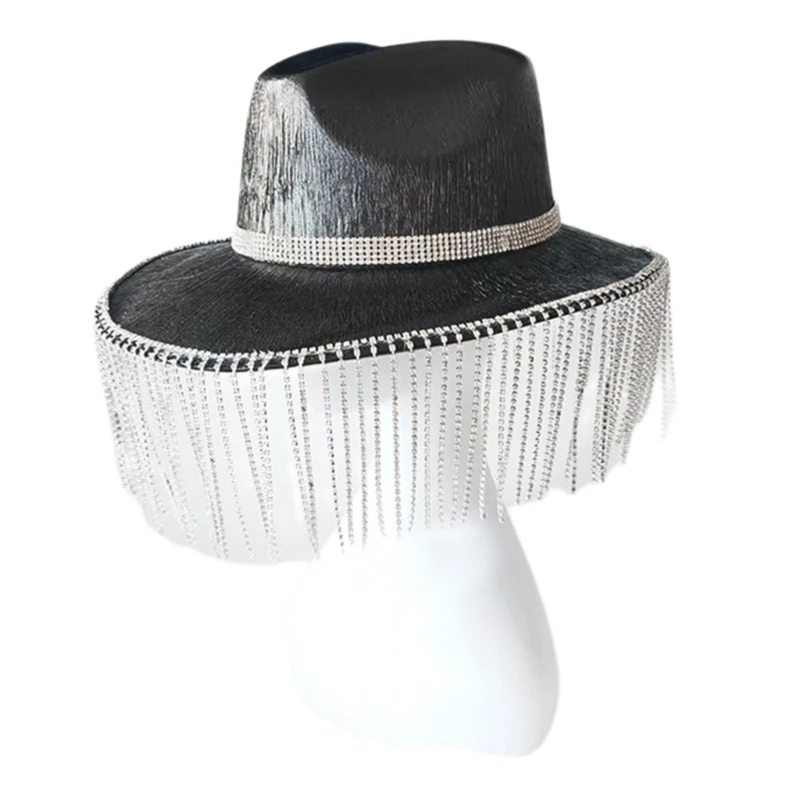 

Western Felt Cowboy Hat with Tassels Cowgirl Big Brim Party Accessory