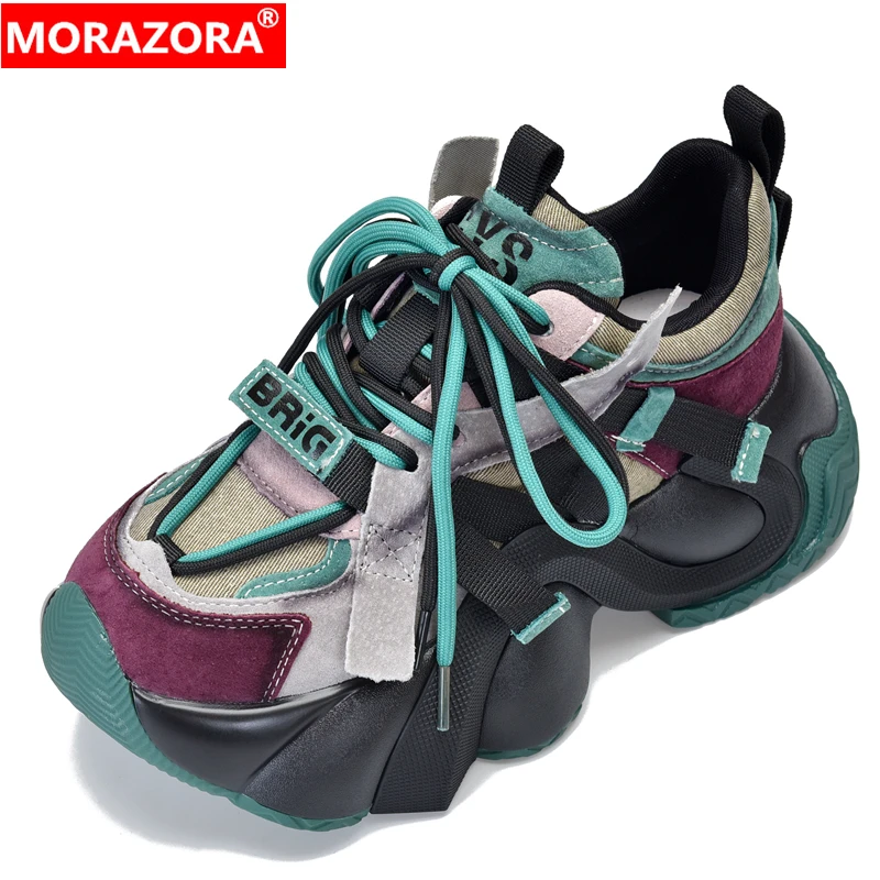 

MORAZORA 2024 New Genuine Leather Shoes Women Sneakers Lace Up Chunky Sneakers Mixed Color Ladies Casual Shoes