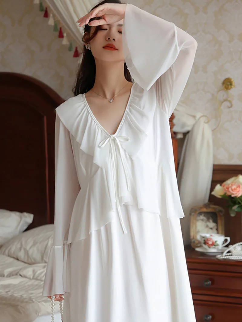 

Женские винтажные ночные рубашки с оборками и V-образным вырезом, одежда для сна принцессы в стиле "Лолита", белая сетчатая Ночная рубашка в викторианском стиле, ночная сорочка, одежда для отдыха