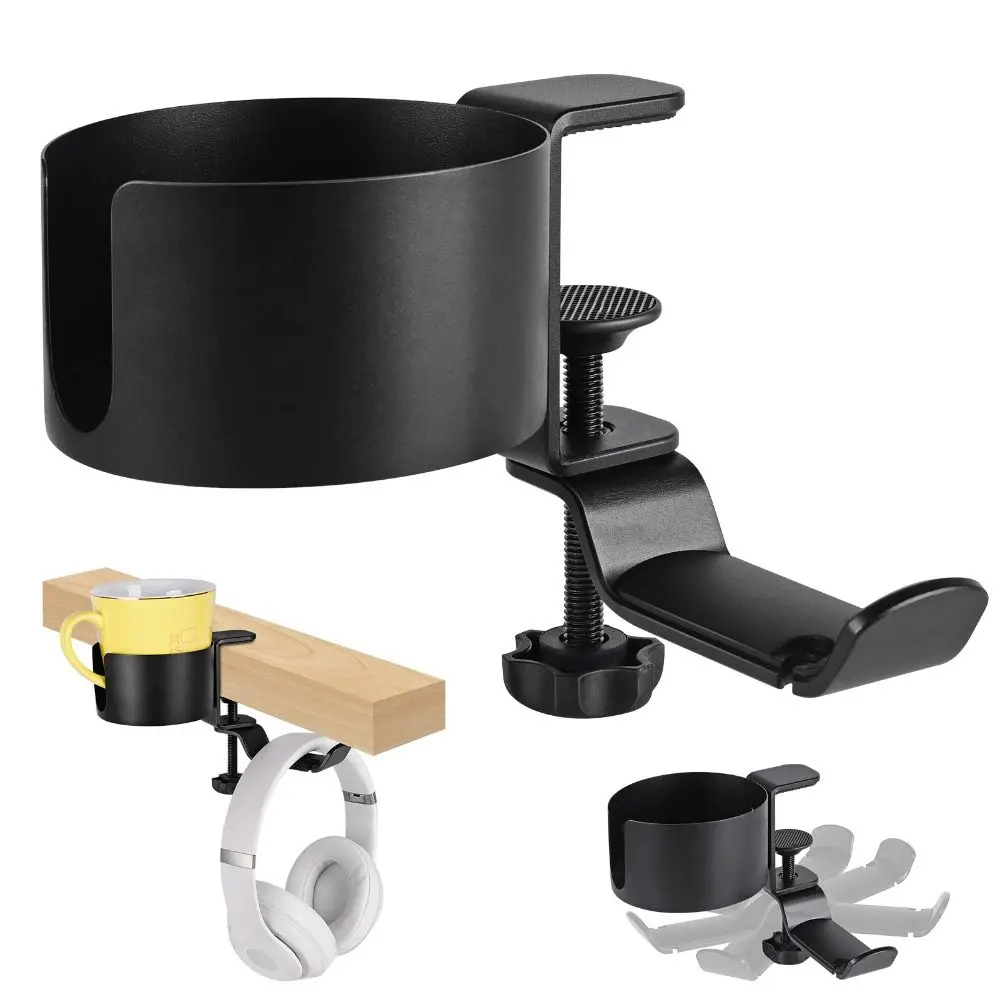 

Anti-Spill 2 in 1 Desk Cup Holder Easy to Install 360° Rotating Water Bottle Stand Headphone Hanger Aluminum Alloy
