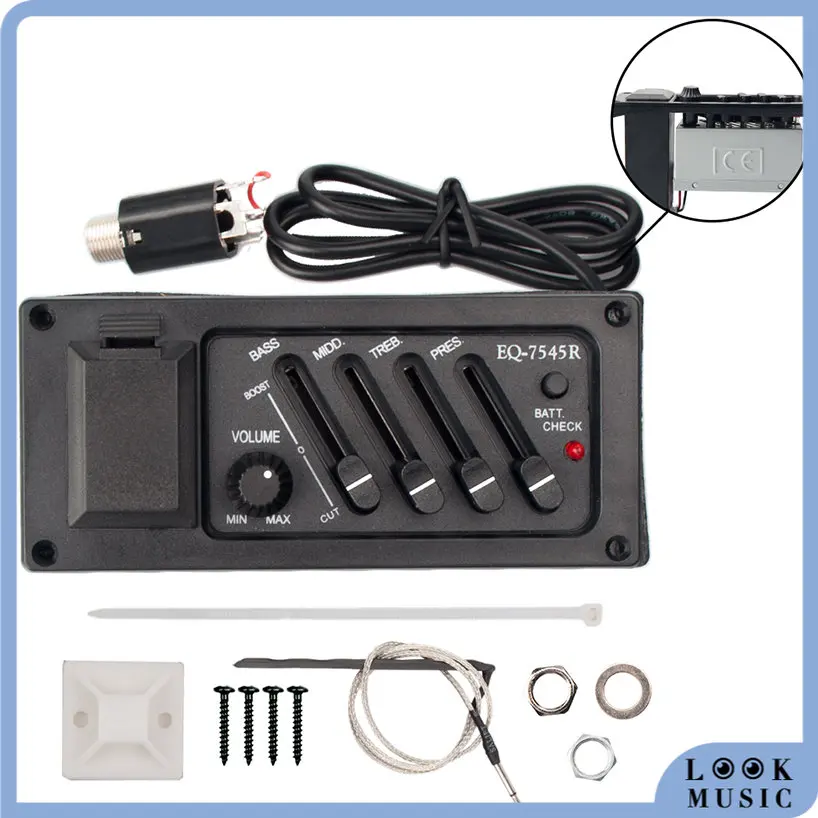 Professional 4 Band Acoustic Guitar Preamp Amplifier EQ 7545R Pickup 6.5MM Output Acoustic Guitar Acceseories Piezo Pickup SET
Professional 4 Band Acoustic Guitar Preamp Amplifier EQ 7545R Pickup 6.5MM Output Acoustic Guitar Acceseories Piezo Pickup SET