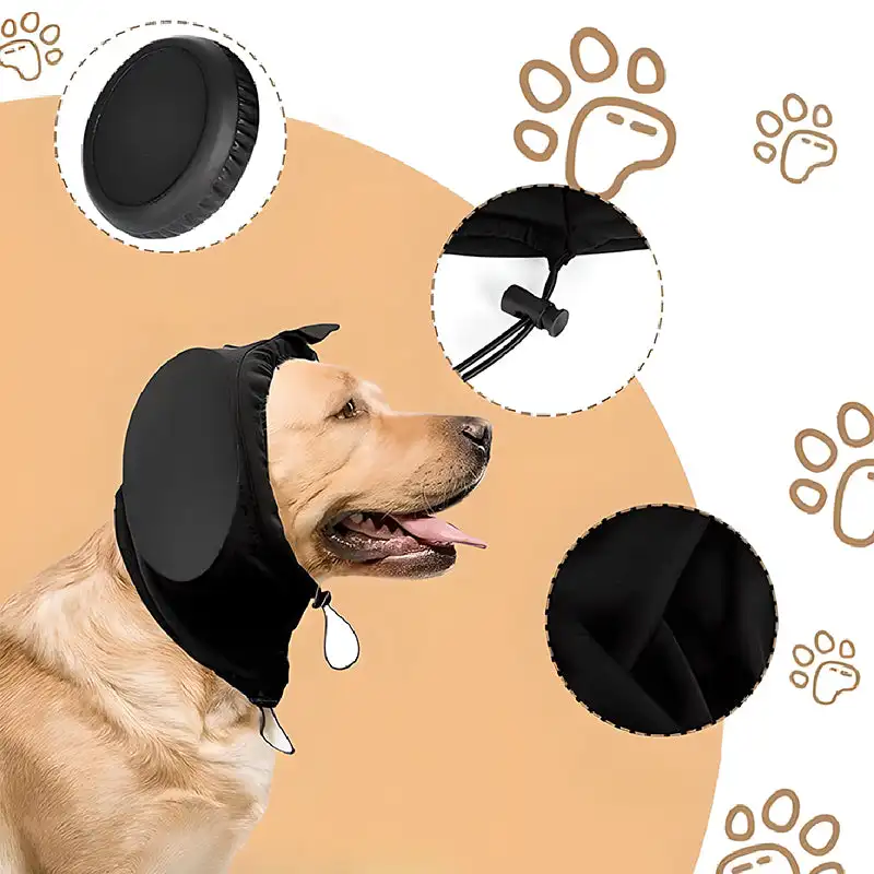 Dog Earmuffs | Noise Reduction Hearing Protection Preventing Stress Dogs An infographic showing a tan dog wearing black dog earmuffs with circular callouts highlighting the product features: a close-up of the adjustable drawstring toggle, the soft breathable fabric texture, and the reinforced ear-cover padding.