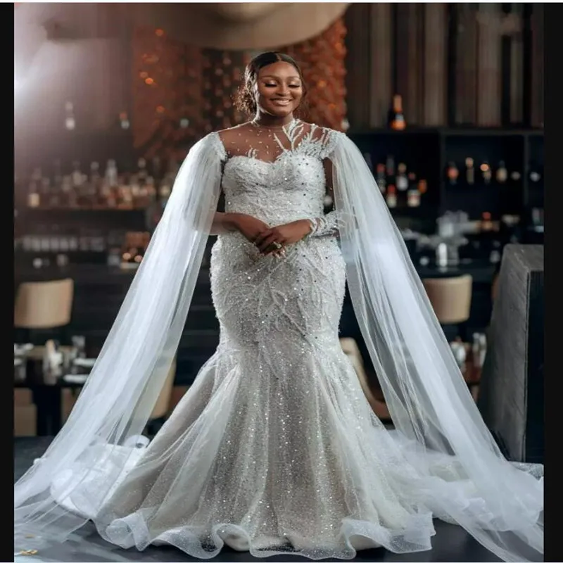 

Sexy See Through Beaded High Neck African Mermaid Wedding Dresses Lace Appliqued Long Sleeves Bridal Gowns with Wrap