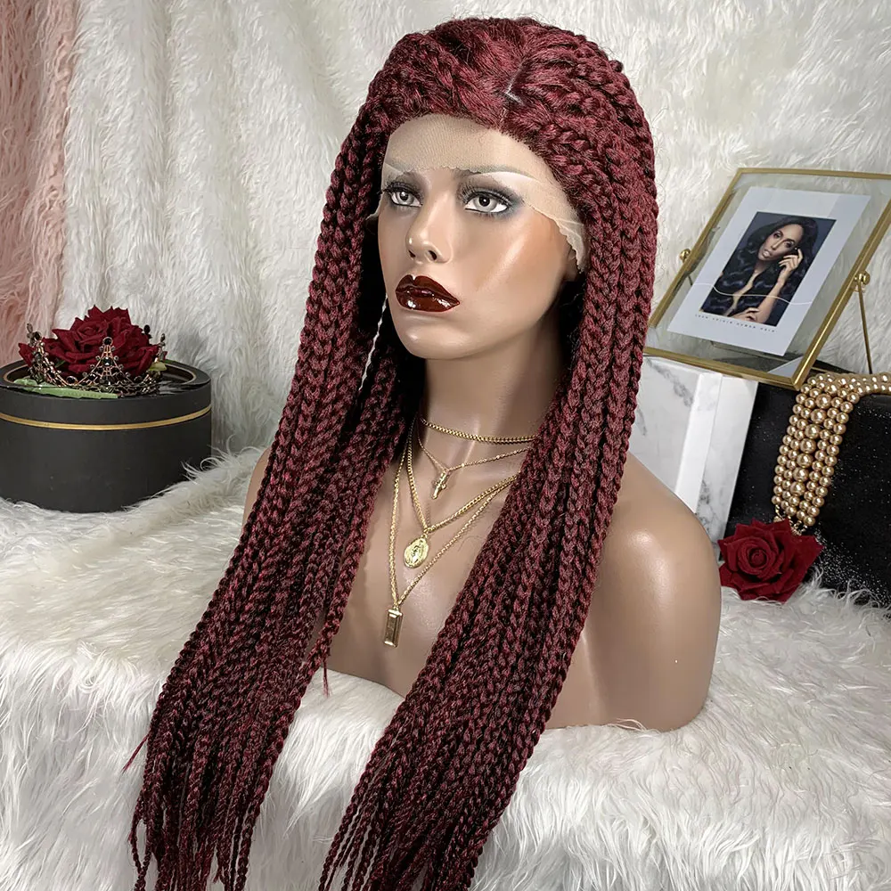 Burgundy Red Braided Lace Frontal Wigs Transparent Lace Braided Wig Pre-plucked with Baby Hair Synthetic Africa Box Braids Wig
Burgundy Red Braided Lace Frontal Wigs Transparent Lace Braided Wig Pre-plucked with Baby Hair Synthetic Africa Box Braids Wig