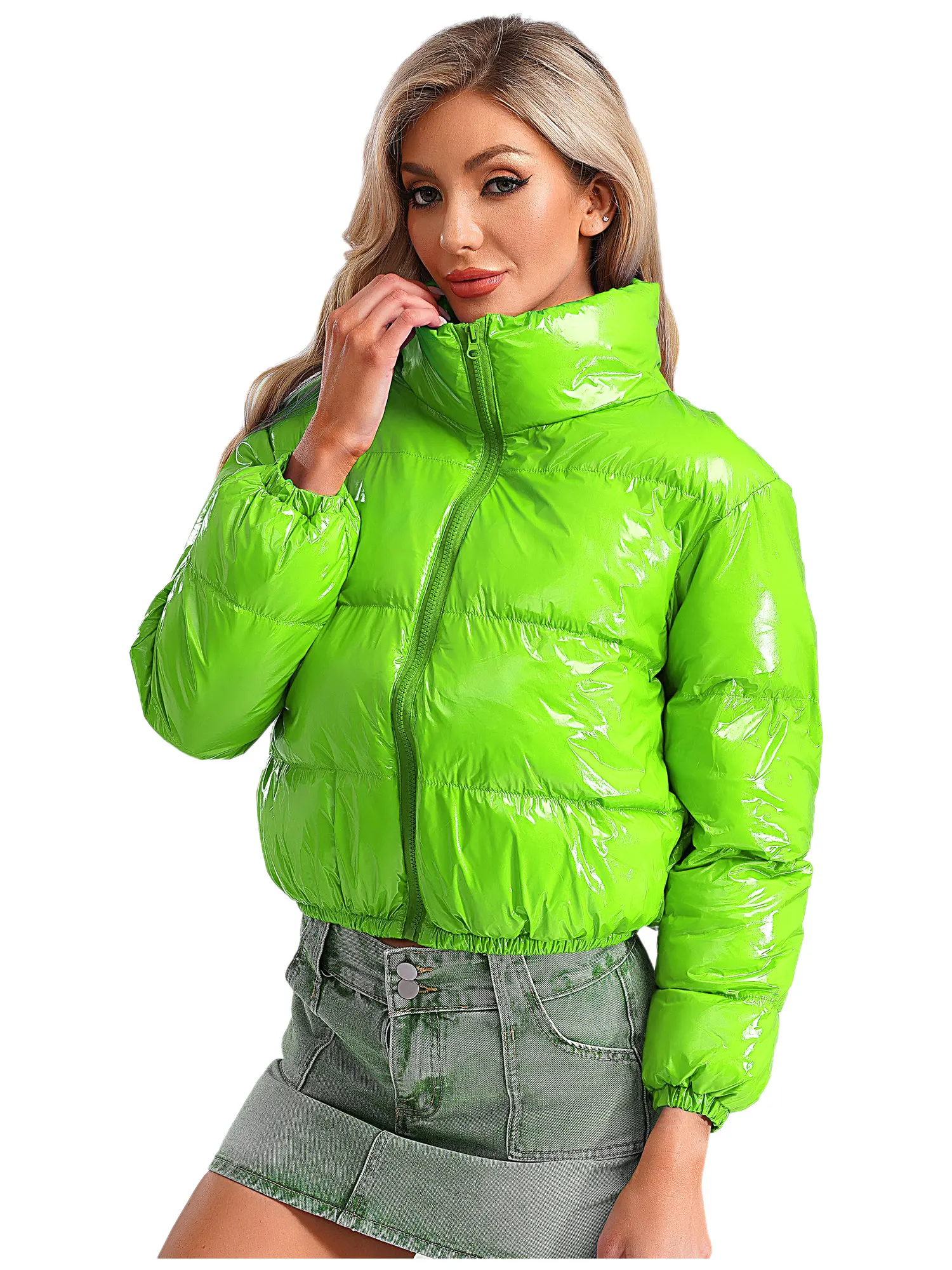 Women's Metallic Glossy Puffy Padded Jacket Quilted Outerwear Coat with Zipper Winter Stand Collar Outdoor Streetwear Women's Metallic Glossy Puffy Padded Jacket Quilted Outerwear Coat with Zipper Winter Stand Collar Outdoor Streetwear