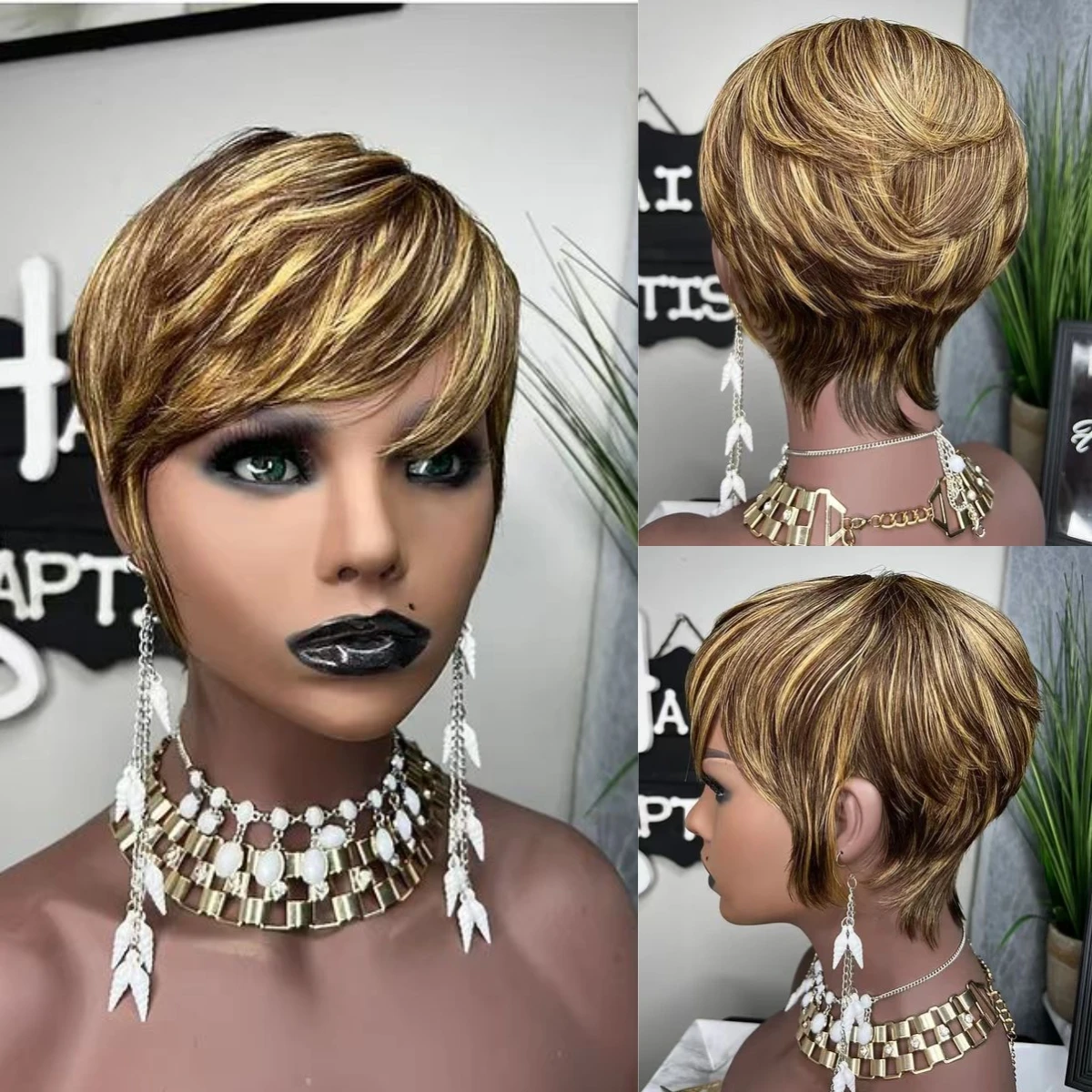 

Ombre Dark Brown Blonde Honey Gold Highlight Synthetic Cheap Short Straight Pixie Cut Hair Bob Wigs With Bangs For Black Woman