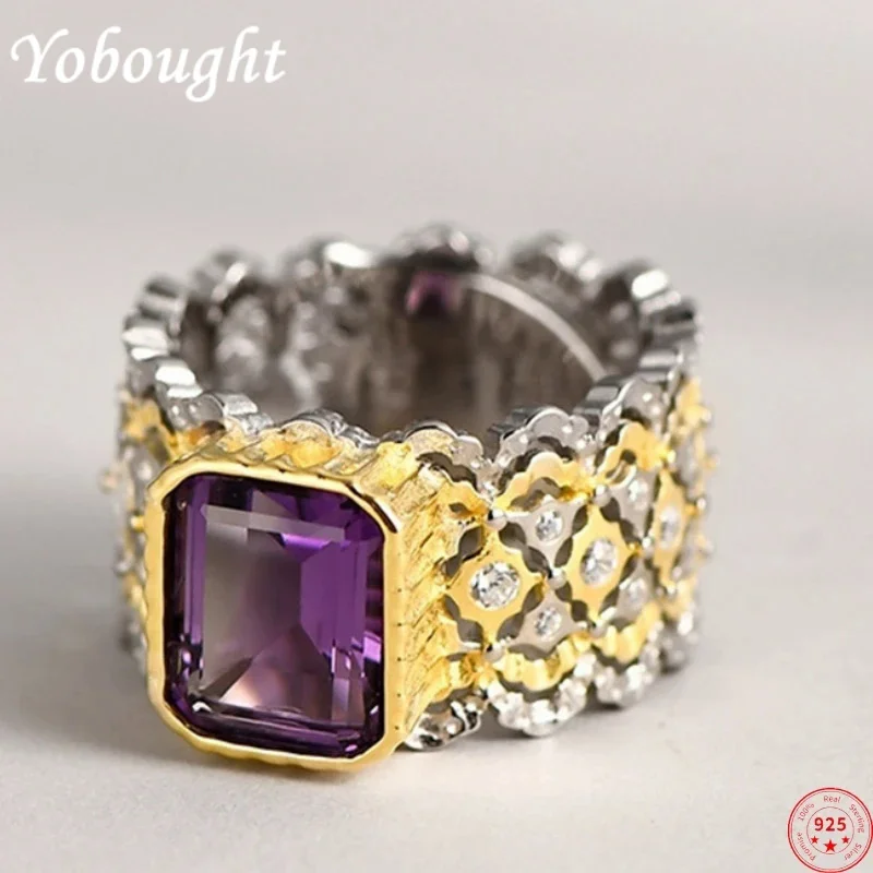 

S925 sterling silver rings for women men new fashion ancient hollow natural amethyst lace Palace style jewelry free shipping